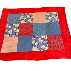 Handmade Hand Sewn Infant Blanket Bas ball Red White Blue 36”x28”